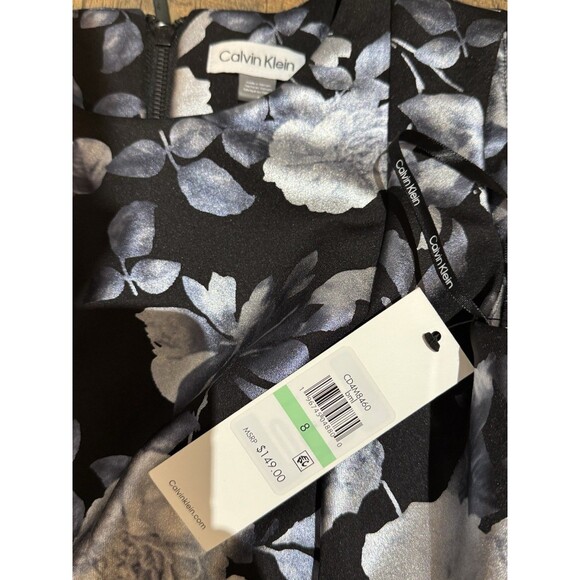 NWT Calvin Klein Sheath Dress Floral Flowers Black Silver Zipper Stretchy Size 8 - Picture 3 of 5